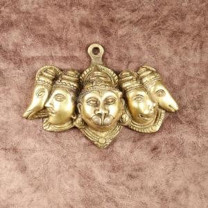 Pure Brass Panchmukhi Hanuman Wall Hanging | 4.5" x 6.7" x 1.5" (11.4 x 17 x 3.8 cm) | 650g Five-Face Sacred Art | Divine Protection Decor